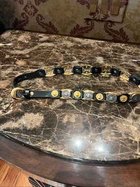 Black Leather Coin-Accented Belt with Mixed Metal Medallions